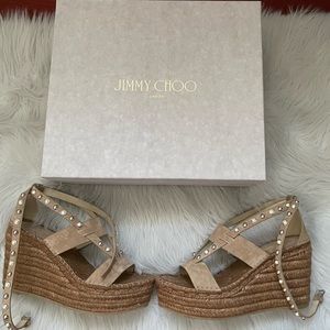 Jimmy Choo Beige Suede Danica 110mm Pearl Studded Espadrille Wedge Sandals